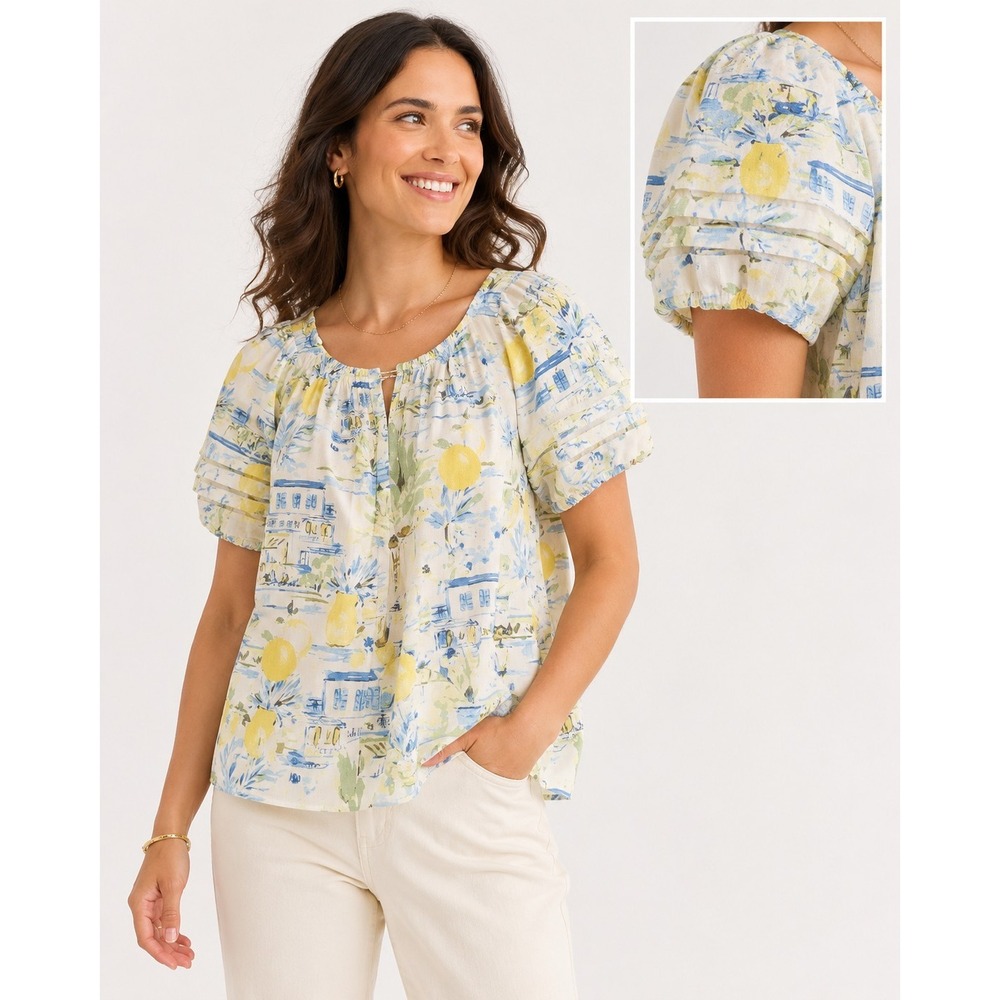 Women's 3X Sugarlips Amalfi Coast Lemon  Puff Sleeve Top Blouse Rayon Linen